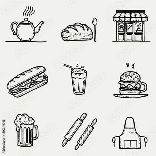 Hand-drawn food and drink icons on cream background