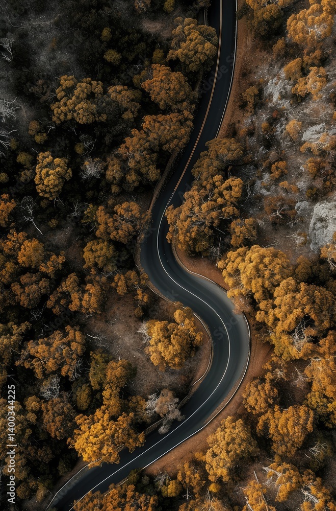 Serpentine Road Through Autumn Treescape