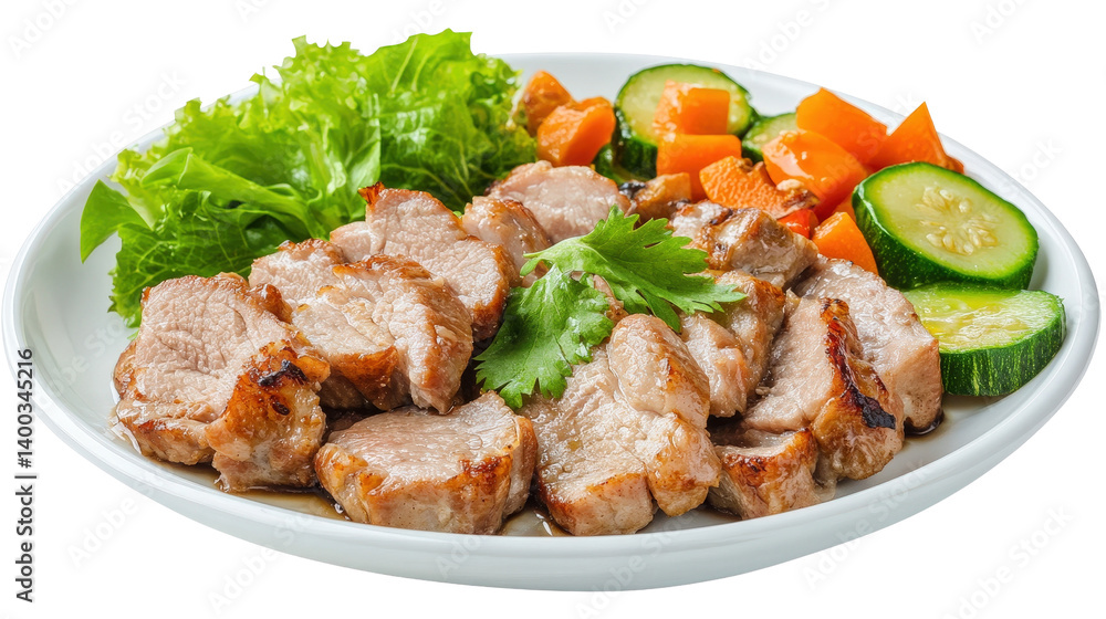 A plate of tender grilled pork slices, garnished with fresh herbs, accompanied by vibrant steamed vegetables, clean and appetizing presentation,Transparent background, PNG file A plate of tender grilled pork slices, garnished with fresh herbs, accompanied by vibrant steamed vegetables, clean and appetizing presentation,Transparent background, PNG file