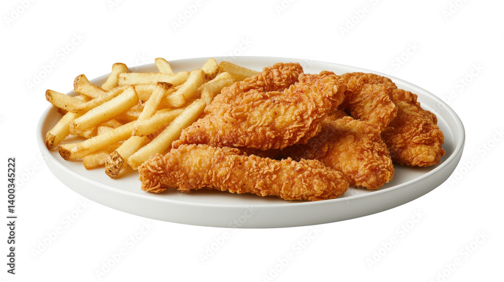A plate of crispy chicken strips served with golden French fries,Transparent background, PNG file, showcasing their delicious texture. A plate of crispy chicken strips served with golden French fries,Transparent background, PNG file, showcasing their delicious texture.