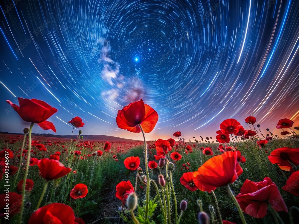 Fototapeta premium Night Bloom: Vibrant Poppy Field Under Starry Sky