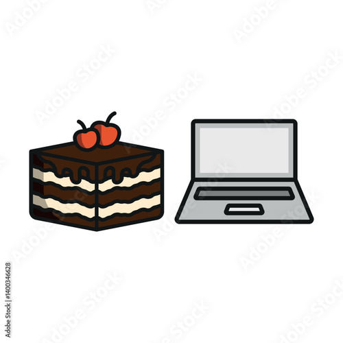Laptop and tiramisu icon reflects sweet work breaks, cozy digital sessions, and elegant productivity vibes.