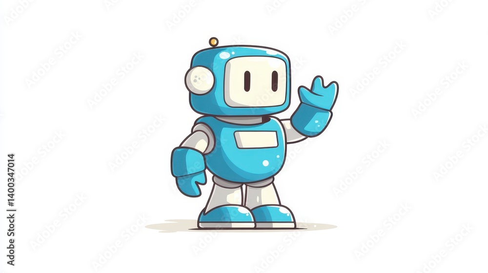 A friendly robot character stands in a cheerful pose, waving with one hand. The robot features a rounded head, bright blue color, and simple design, evoking a sense of friendliness and assistance A friendly robot character stands in a cheerful pose, waving with one hand. The robot features a rounded head, bright blue color, and simple design, evoking a sense of friendliness and assistance