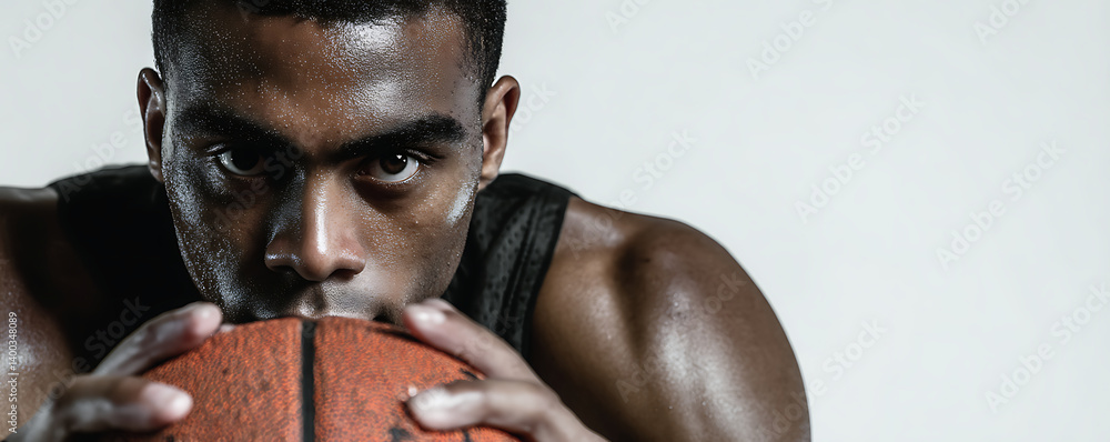 Close-up of a determined male basketball player covered in sweat holding a basketball with both hands while staring intensely forward against a neutral studio background