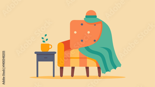 Comforting Blanket A cozy patterned blanket draped over a chair with a steaming cup of tea next to it representing warmth and comfort derived from fond recollections.