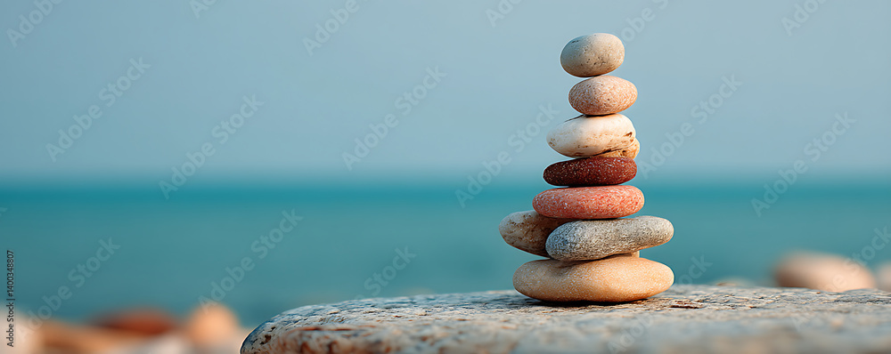 Artistic stack of smooth colorful stones arranged in a vertical formation resembling a human shape set against a blue sea and sky background on a natural surface