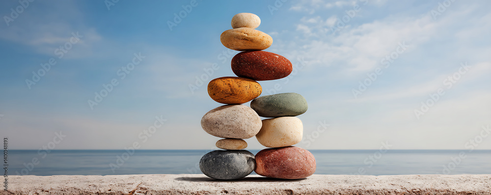 Artistic stack of smooth colorful stones arranged in a vertical formation resembling a human shape set against a blue sea and sky background on a natural surface