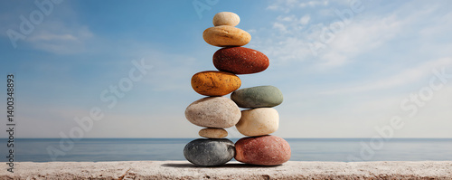 Obraz na płótnie Artistic stack of smooth colorful stones arranged in a vertical formation resembling a human shape set against a blue sea and sky background on a natural surface w salonie
