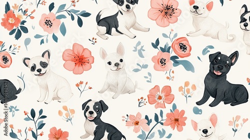 Charming seamless pattern featuring adorable watercolor dogs nestled amongst floral blooms