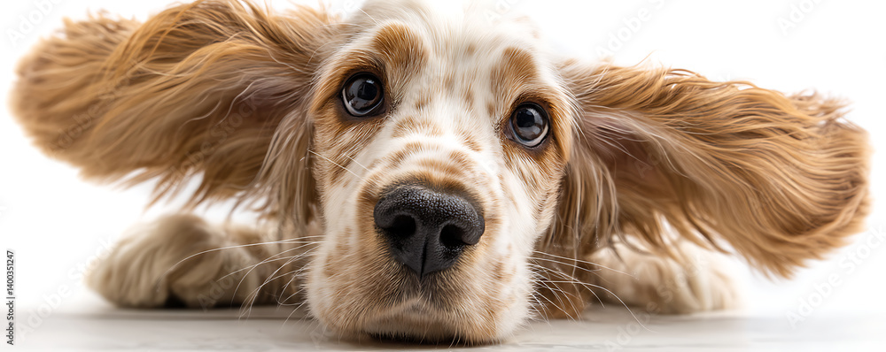Adorable English cocker spaniel puppy lying on the ground with its fluffy ears stretched wide and eyes looking up curiously against a bright white background
