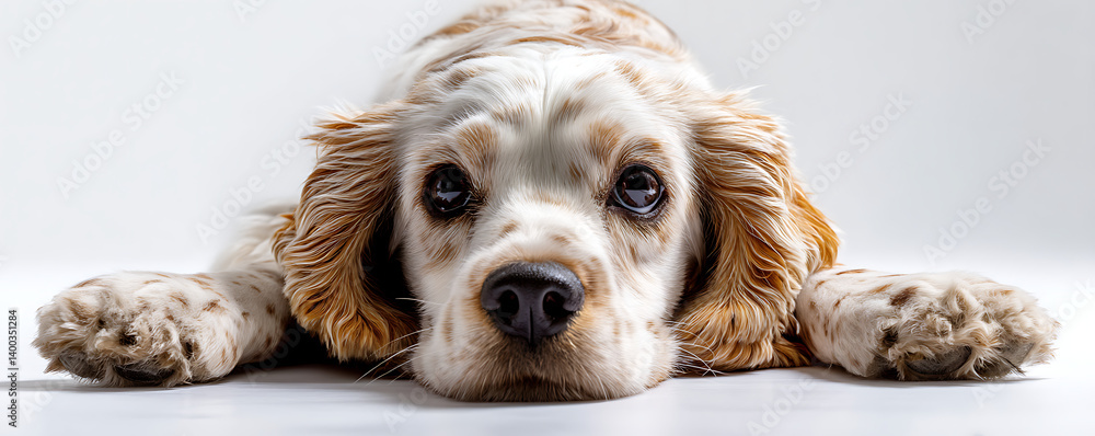 Adorable English cocker spaniel puppy lying on the ground with its fluffy ears stretched wide and eyes looking up curiously against a bright white background