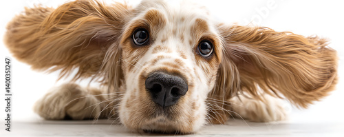 Obraz na płótnie Adorable English cocker spaniel puppy lying on the ground with its fluffy ears stretched wide and eyes looking up curiously against a bright white background w salonie