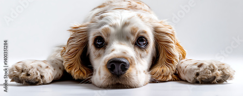 Obraz na płótnie Adorable English cocker spaniel puppy lying on the ground with its fluffy ears stretched wide and eyes looking up curiously against a bright white background w salonie