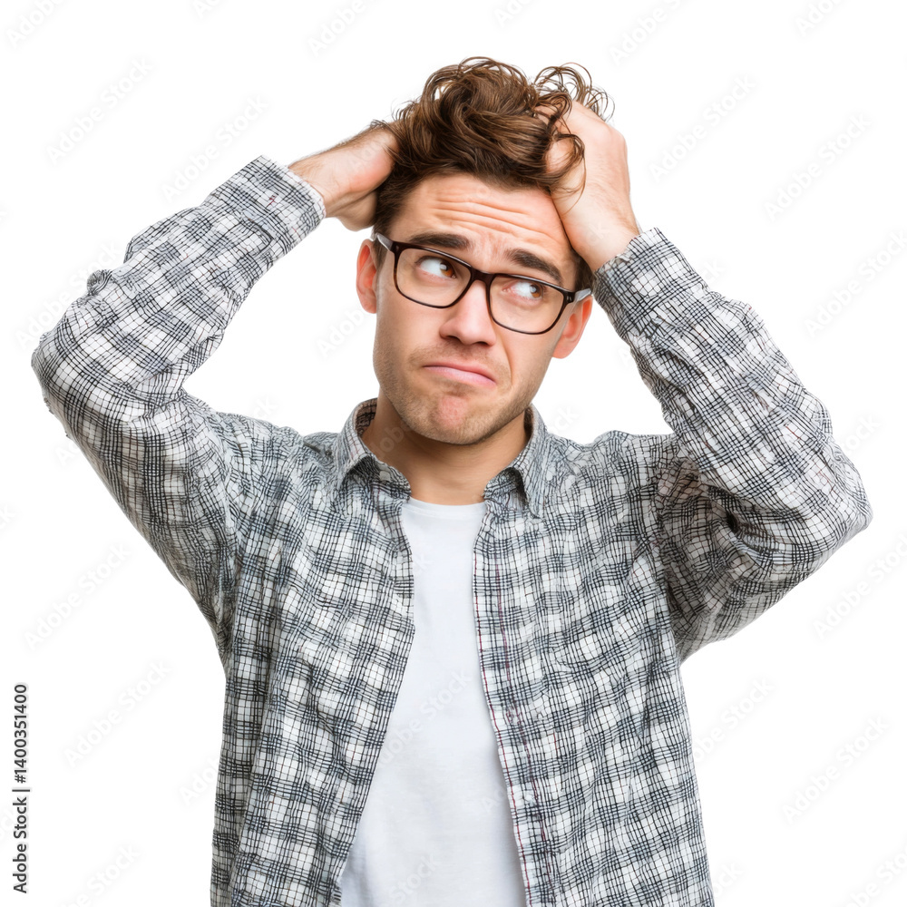 Young man wearing glasses scratching his head trying to find solution isolated on transparent or white background Young man wearing glasses scratching his head trying to find solution isolated on transparent or white background