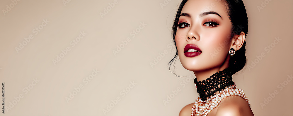 Beautiful Asian woman with flawless makeup and styled hair wearing a red floral dress and matching earrings gazes at the camera against a soft beige backdrop