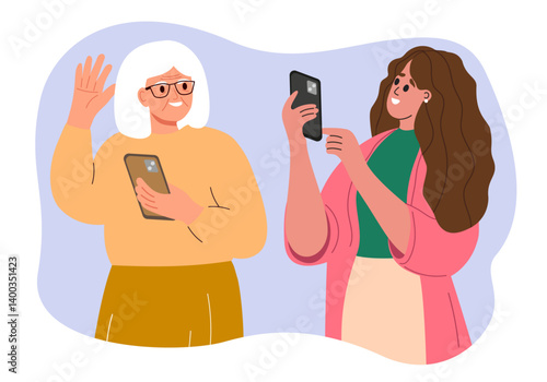 People Taking Photo on Phone. Woman and Senior Woman have Photoshoot. Grandmother and Granddaughter. Vector illustration.