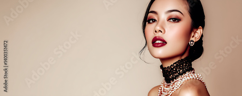 Obraz na płótnie Beautiful Asian woman with flawless makeup and styled hair wearing a red floral dress and matching earrings gazes at the camera against a soft beige backdrop w salonie