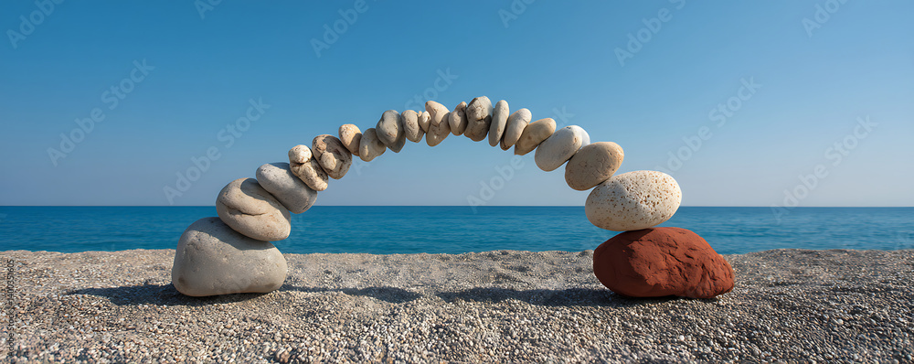Symmetrical arch made of various smooth pebble stones arranged carefully in balance on a flat surface near a calm ocean background under a bright sky