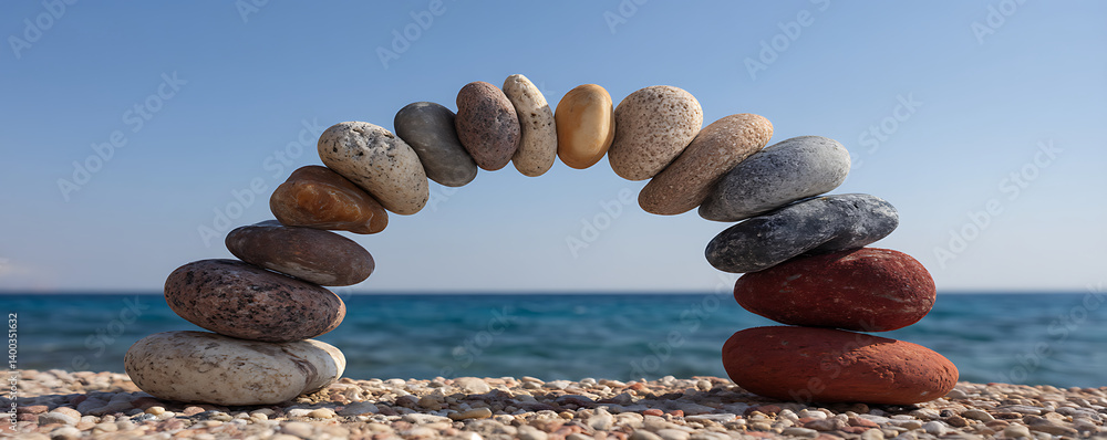 Symmetrical arch made of various smooth pebble stones arranged carefully in balance on a flat surface near a calm ocean background under a bright sky