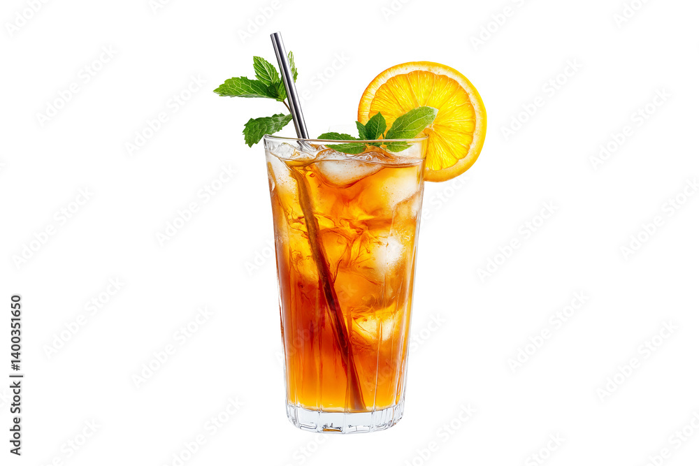 Iced tea with orange slice mint leaves and ice cubes in tall glass with straw isolated on transparent background Iced tea with orange slice mint leaves and ice cubes in tall glass with straw isolated on transparent background