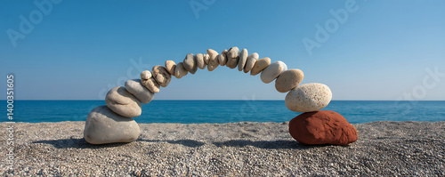 Obraz na płótnie Symmetrical arch made of various smooth pebble stones arranged carefully in balance on a flat surface near a calm ocean background under a bright sky w salonie
