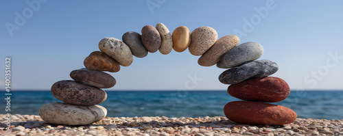Obraz na płótnie Symmetrical arch made of various smooth pebble stones arranged carefully in balance on a flat surface near a calm ocean background under a bright sky w salonie
