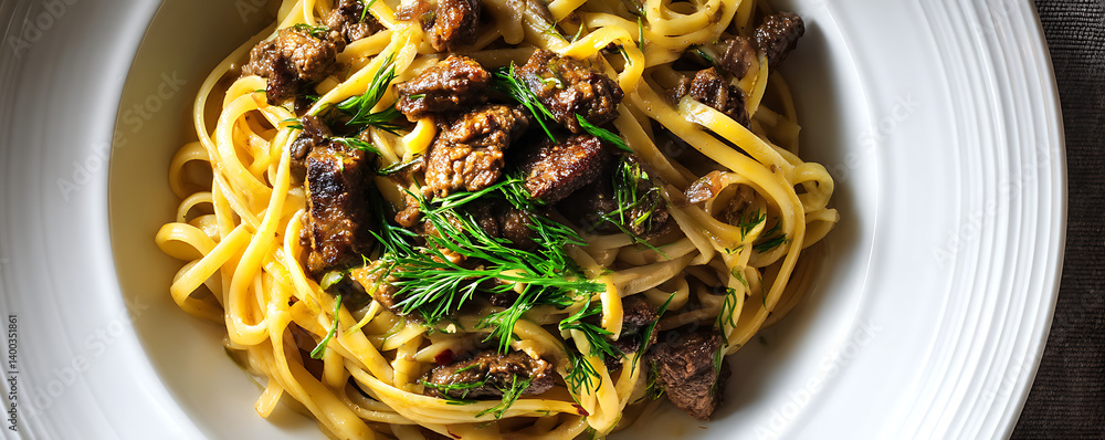Top view of linguine pasta with fried chicken liver and herbs