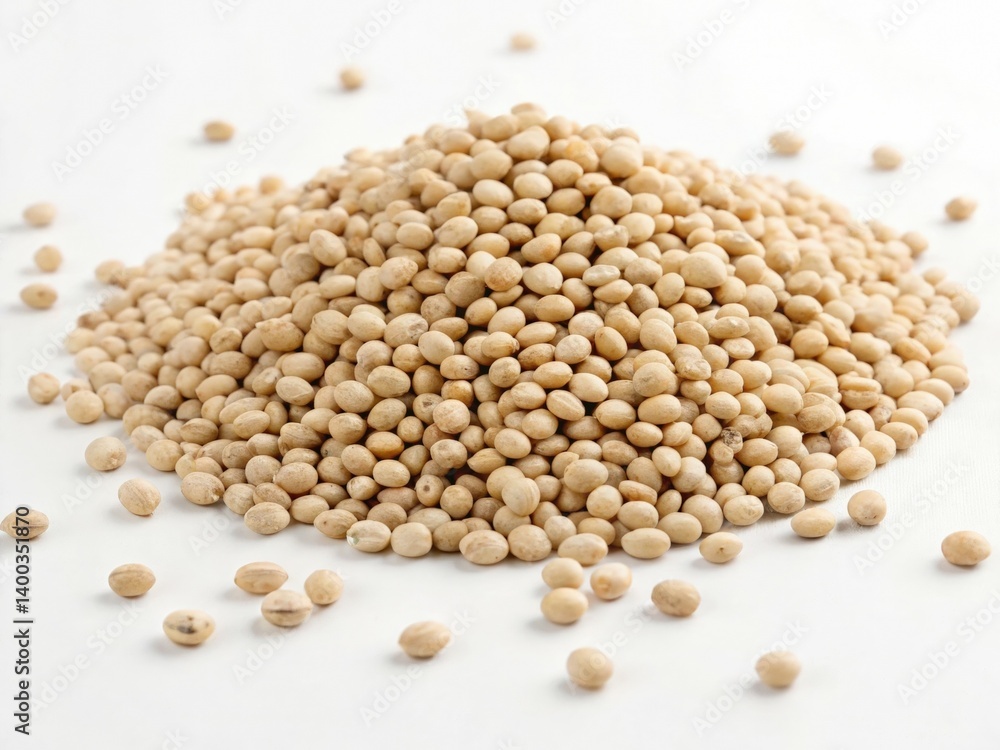 Vigna mungo groats displayed on a white background with scattered grains around Vigna mungo groats displayed on a white background with scattered grains around