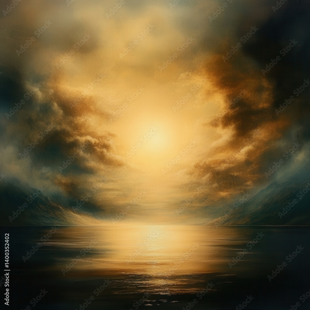 Naklejka premium Serene twilight landscape painting with golden light reflecting on calm water and dramatic cloudy sky