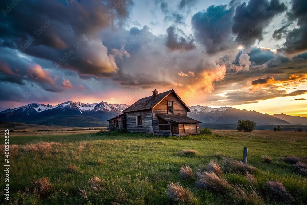Montana Ranch House, Cloudy Sky, Green Grass Fields, Mountain View - Stock Photo Montana Ranch House, Cloudy Sky, Green Grass Fields, Mountain View - Stock Photo