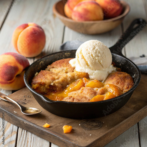 Fotografija Peach Skillet Cobbler with Vanilla Ice Cream