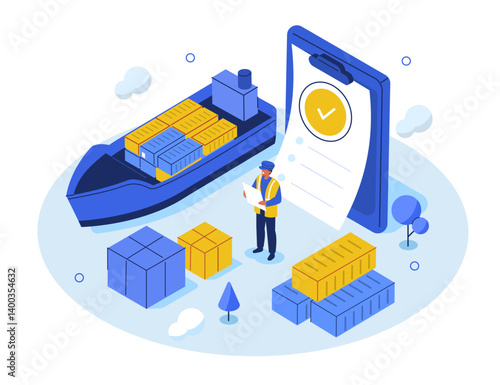 Customs inspector check cargo clearance or import declaration tax form. Worldwide shipment, logistic, delivery service, export control concept. Isometric vector illustration.