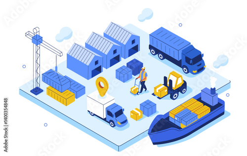 Supply chain with cargo ship, goods truck. Warehouse worker unloading parcel box in transportation van. Global logistic, delivery, cargo transport concept. Flat isometric vector illustration.