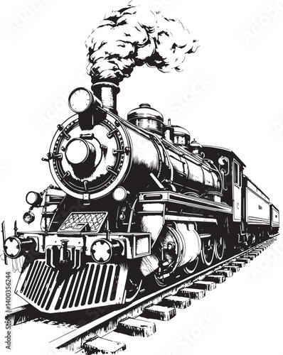 Steam locomotive, retro, vitnage, transport. Hand drawn vector illustration	