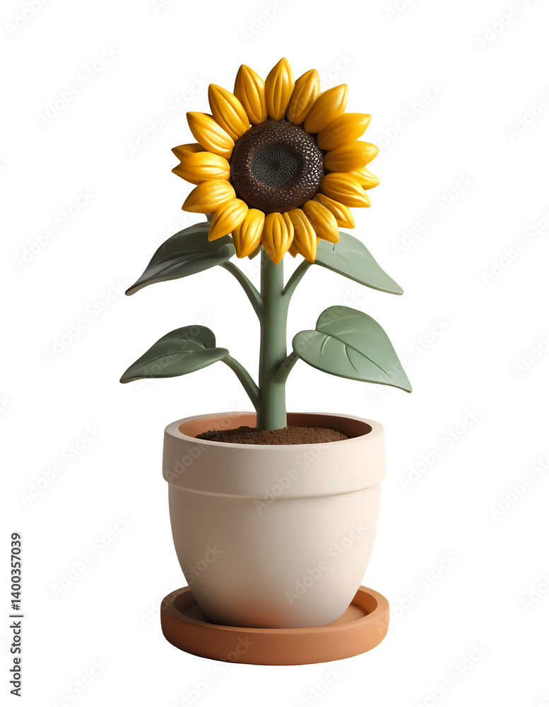 Obraz premium Cheerful Sunflower Growing in a Clay Pot on a Black Background