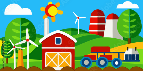 A rural home with a fence design illustrates a peaceful farm estate under the sun and clouds vector illustration