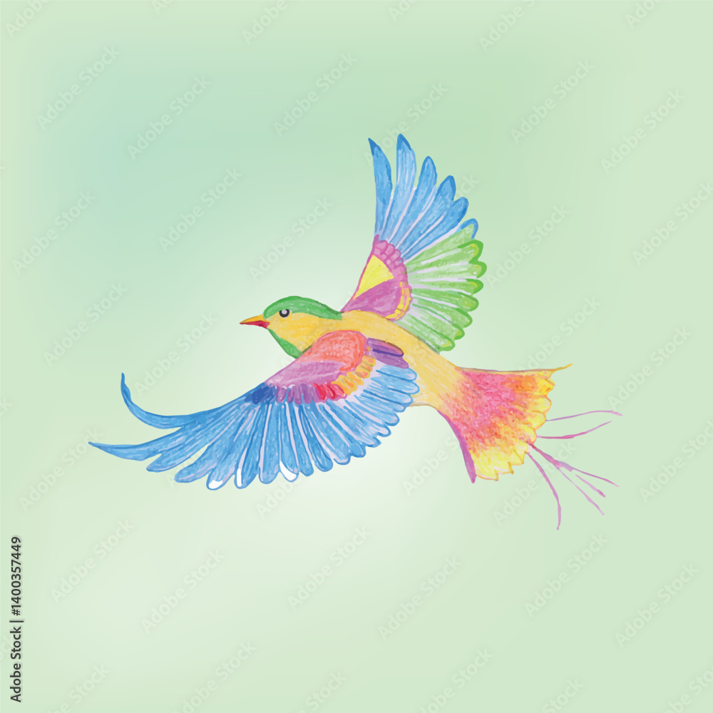 Colorful Flying Bird Illustration with Vibrant Wings and Soft Green Background Colorful Flying Bird Illustration with Vibrant Wings and Soft Green Background