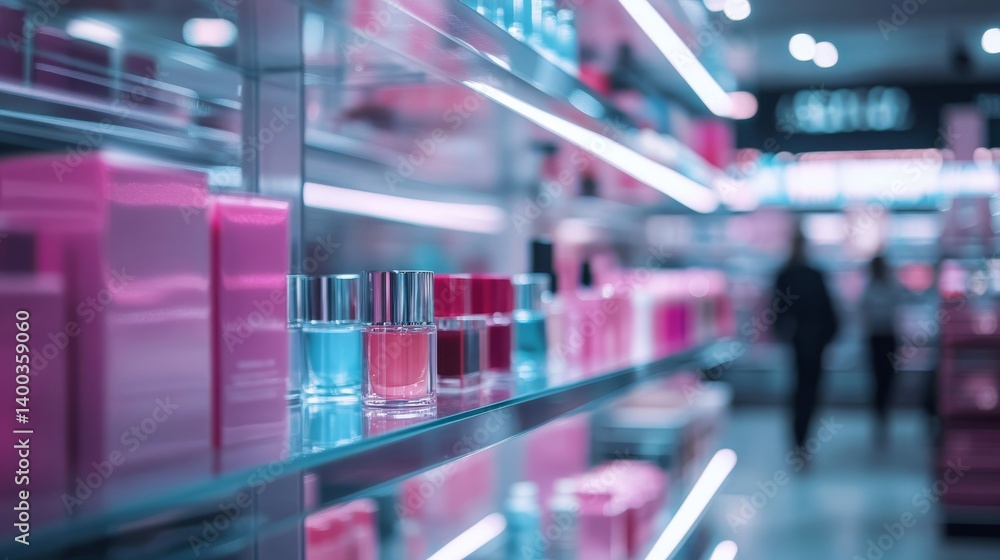 Sleek glass shelves display a variety of vibrant makeup products, while blurred shoppers browse in a stylish cosmetics store illuminated by soft pink lighting Sleek glass shelves display a variety of vibrant makeup products, while blurred shoppers browse in a stylish cosmetics store illuminated by soft pink lighting