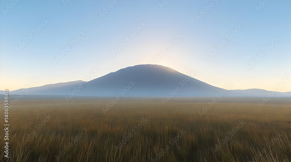 Abstract Mountain Landscape with Golden Grass Field and Rising Sun Creates a Minimalist Scene Against Clear Blue Sky and Horizon Abstract Mountain Landscape with Golden Grass Field and Rising Sun Creates a Minimalist Scene Against Clear Blue Sky and Horizon