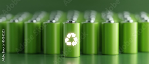 Green battery showing glowing recycling symbol surrounded by infinite green batteries on green background promoting renewable energy and eco-friendly practices