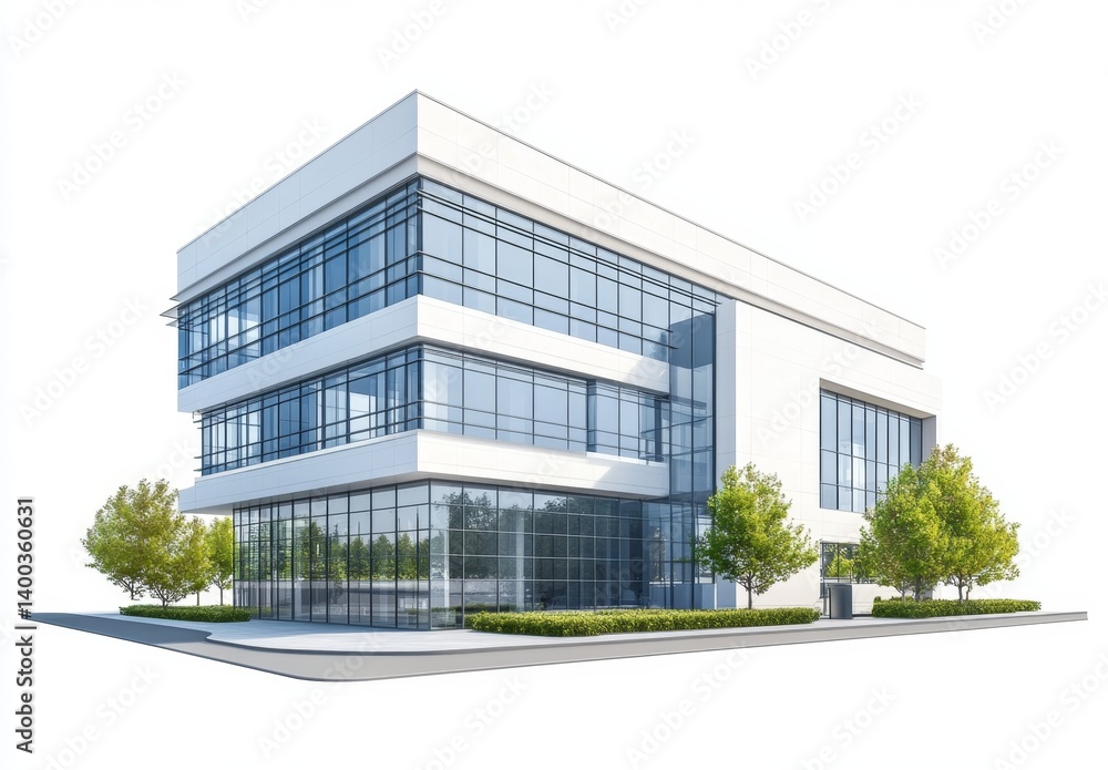 Modern office building, contemporary architecture, with glass facade, and landscaping Modern office building, contemporary architecture, with glass facade, and landscaping
