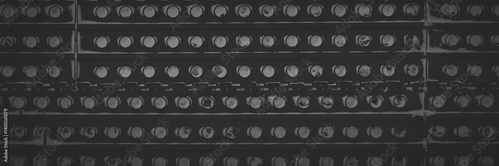 Metal texture with perforation. Snowy rusty metal fence with holes. Faded dark wide panoramic background for design.