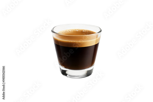 Fresh espresso coffee in small transparent glass cup with rich crema isolated on transparent background