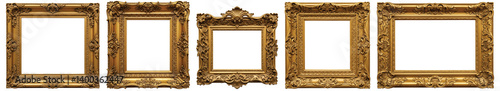 Five ornate gold picture frames with intricate designs and patterns, showcasing their elegance and craftsmanship, isolated on a transparent background.