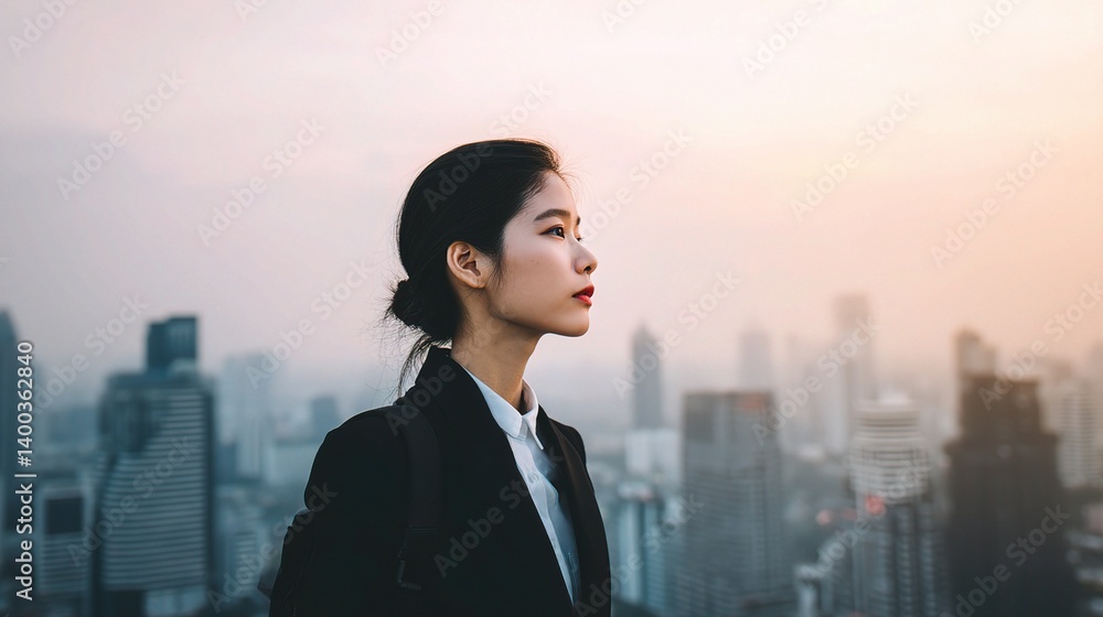 Pensive Young Woman in Suit Overlooking City Skyline at Dusk Pensive Young Woman in Suit Overlooking City Skyline at Dusk