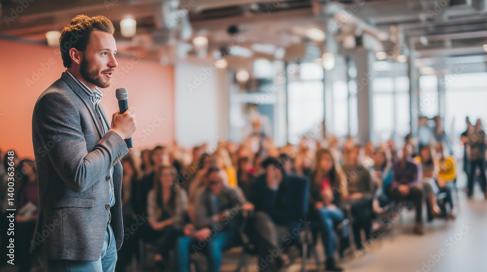 Young man delivers an engaging presentation to a large audience in a modern conference space Young man delivers an engaging presentation to a large audience in a modern conference space