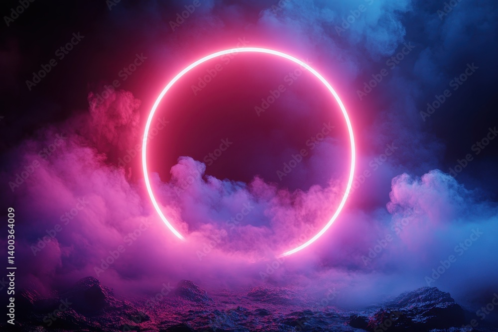 Fototapeta premium Colorful neon circle in twilight clouds creates an otherworldly atmosphere at night in a serene sky