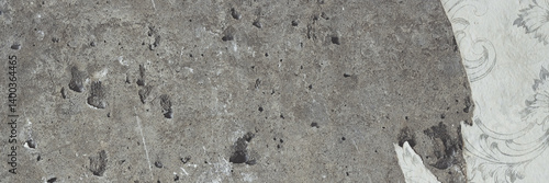 Obraz na płótnie Torn old faded paper wallpaper with a retro pattern. Tattered scraps of paper on a concrete wall. Vintage texture for background and design. Closeup view with copy space. w salonie