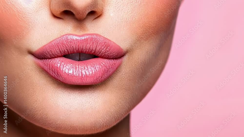 Close up of plump lips with pink lipstick highlighting the results of lip augmentation, creating a perfect pout against a matching pink backdrop Close up of plump lips with pink lipstick highlighting the results of lip augmentation, creating a perfect pout against a matching pink backdrop