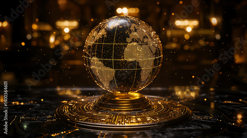 Golden globe on dark background with circuit lines futuristic Earth, digital governance
